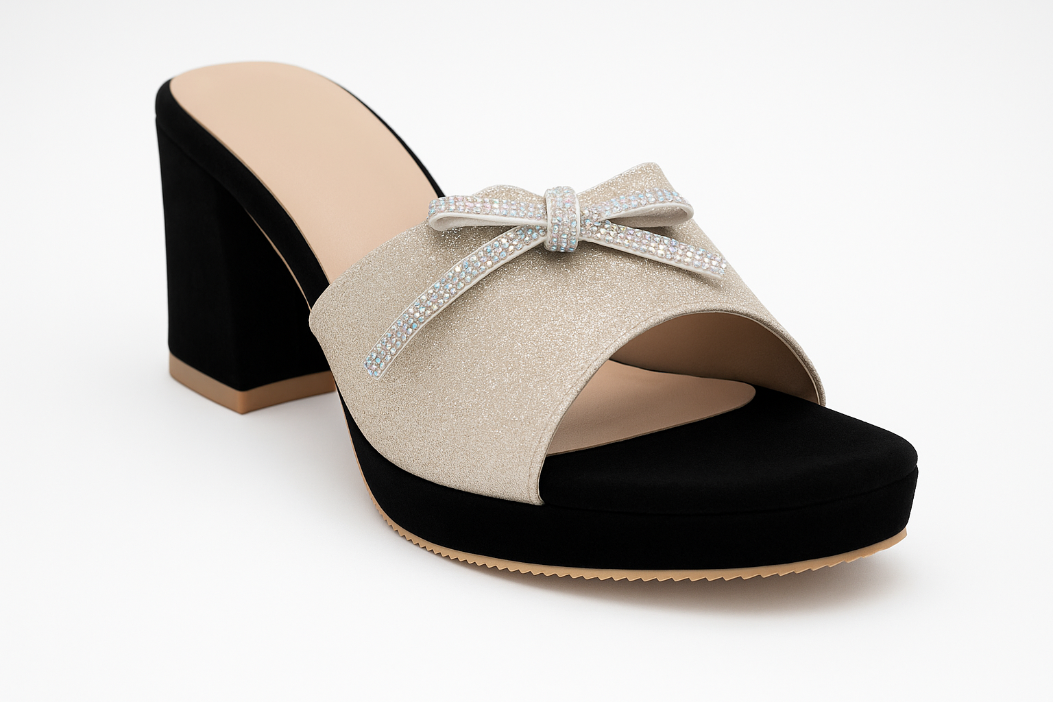Elegant Glitter Block Heel Slide Sandals with Rhinestone Bow – Gold & Black