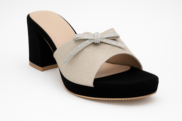 Elegant Glitter Block Heel Slide Sandals with Rhinestone Bow – Gold & Black