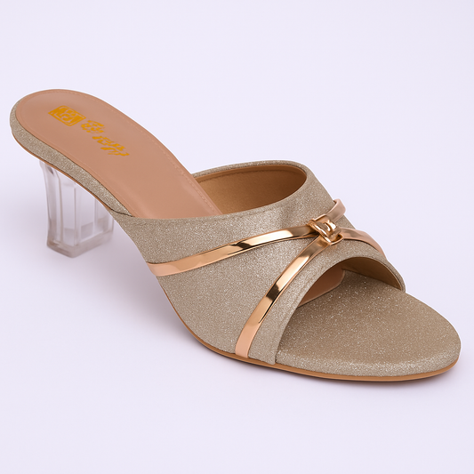 Elegant Gold Glitter Slip-On Heels with Transparent Block Heel